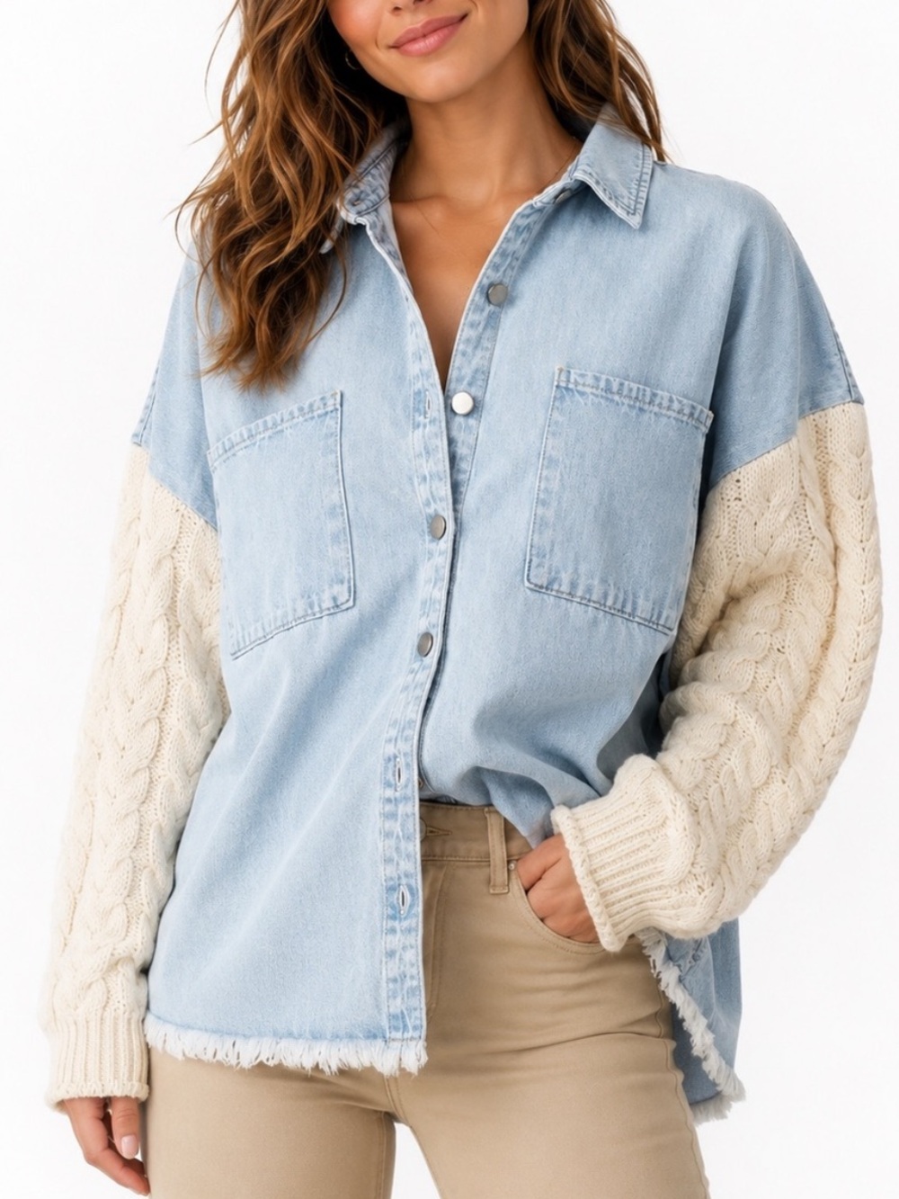 Blu Pepper Oversized Denim Two Tone Knit Sleeve Boho Casual Shacket Size XL - Picture 1 of 11